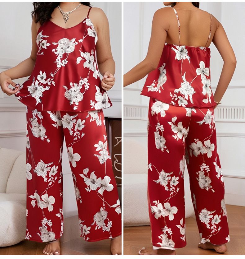 Naisten yöpuvut kevät ja syksy pyjamat yksiväriset painetut henkselit housut kaksiosainen puku_voghion.com