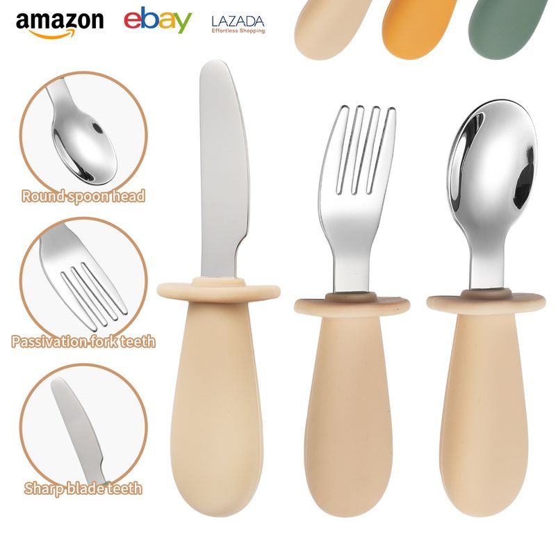 Silicone short handle 316 stainless steel children's knife, fork, 3-piece set, baby eating spoon portable tableware_voghion.com