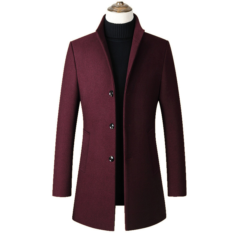 autumn and winter men's mid-length single-breasted windbreaker solid color simple stand-up collar woolen material coat_voghion.com