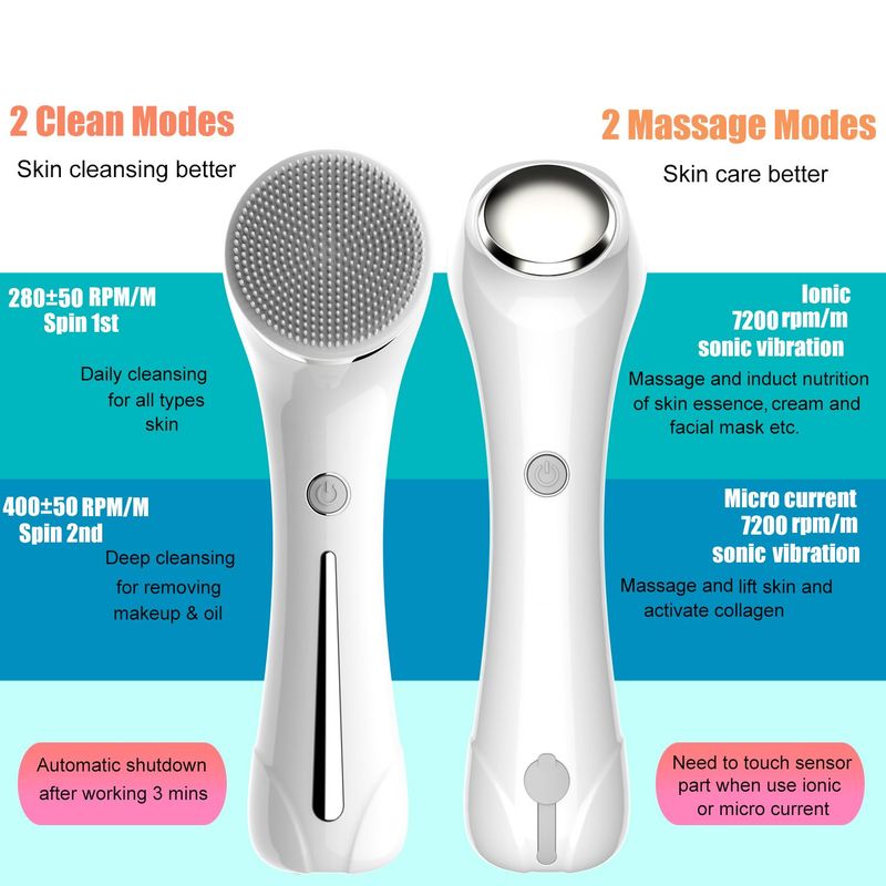 Facial Cleansing Brush, Brush For Exfoliating, IPX7 Waterproof 3 In 1 For Massaging, Deep Cleansing Rechargeable With 4 Brush Head Replacements, White_voghion.com