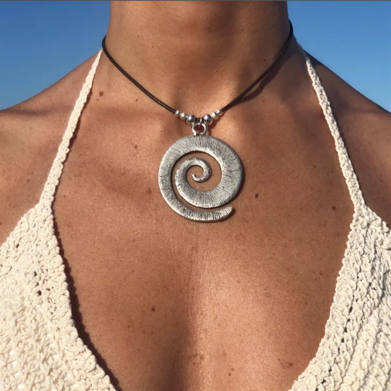 New spiral symbol with Bohemian minimalist ethnic style alloy leather rope necklace for women_voghion.com