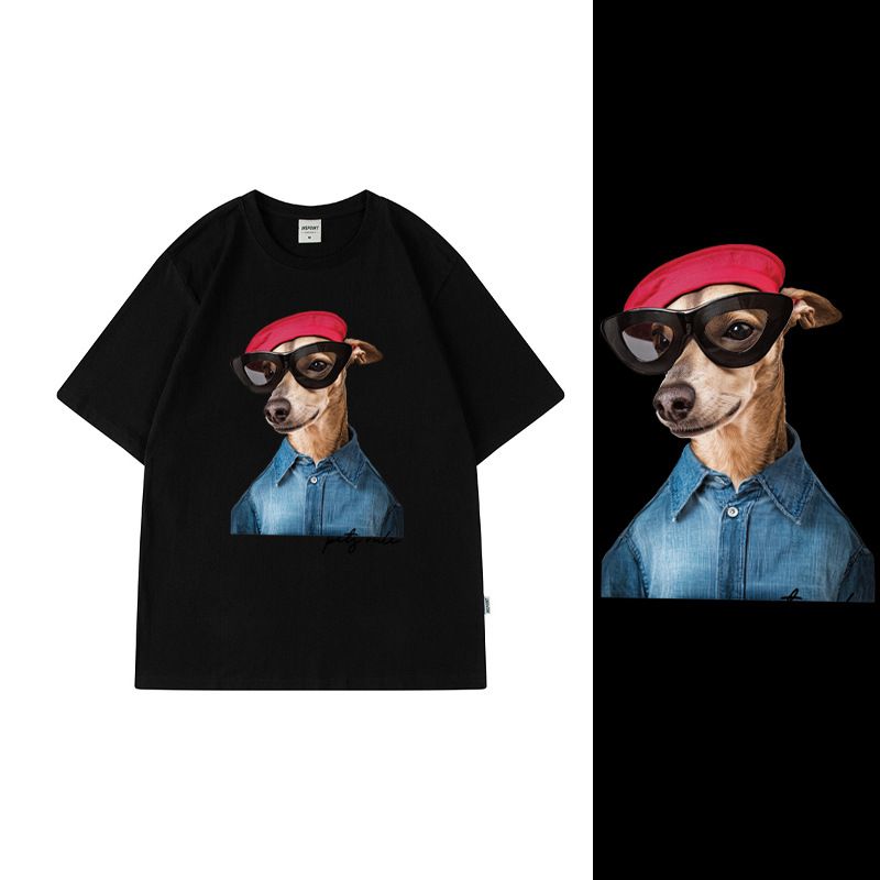T-shirt à manches courtes pour homme, grande taille, motif dessin animé, lunettes de soleil, chien, style hip-hop décontracté, col rond, manches mi-longues_voghion.com