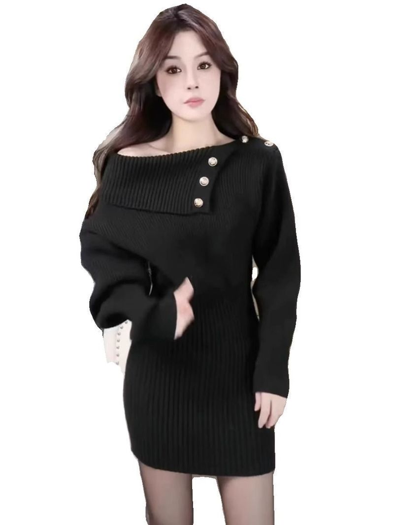 Vestito aderente da donna con spalle scoperte, autunno inverno 2023, nuovo abito in maglia alla moda, con spalle scoperte, vestibilità slim, piccolo abito aderente_voghion.com