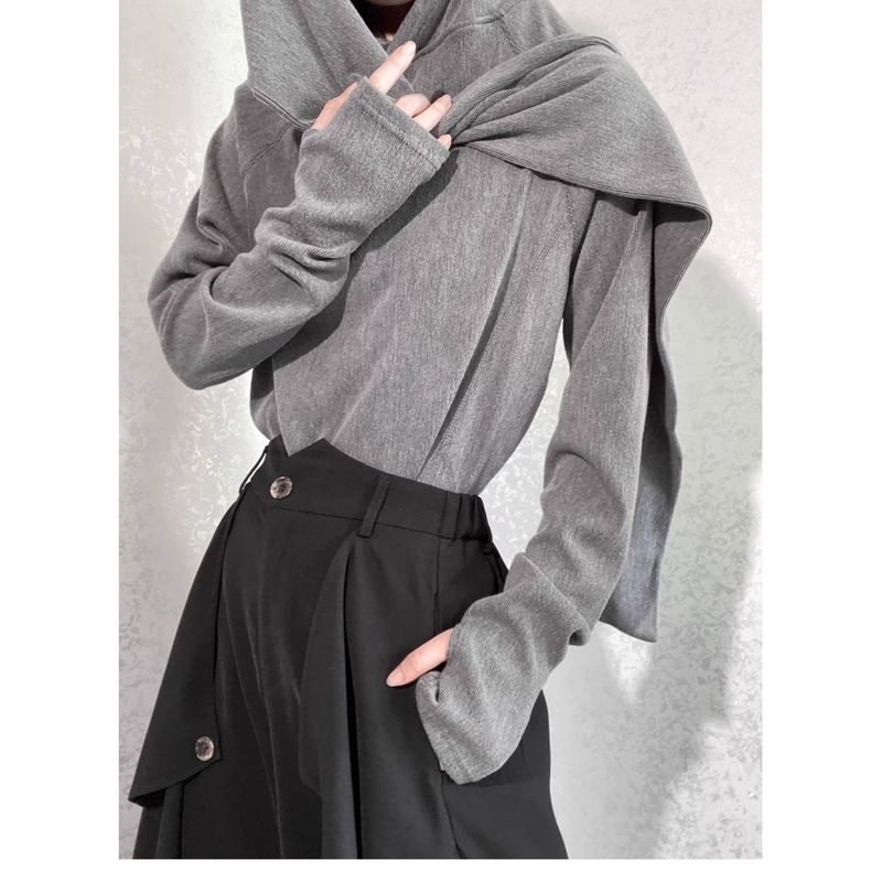 Design Sense Niche Scarf Collar Hooded Base Shirt Yohji Yamamoto Pullover Sweatshirt Unisex Long Sleeve Top_voghion.com