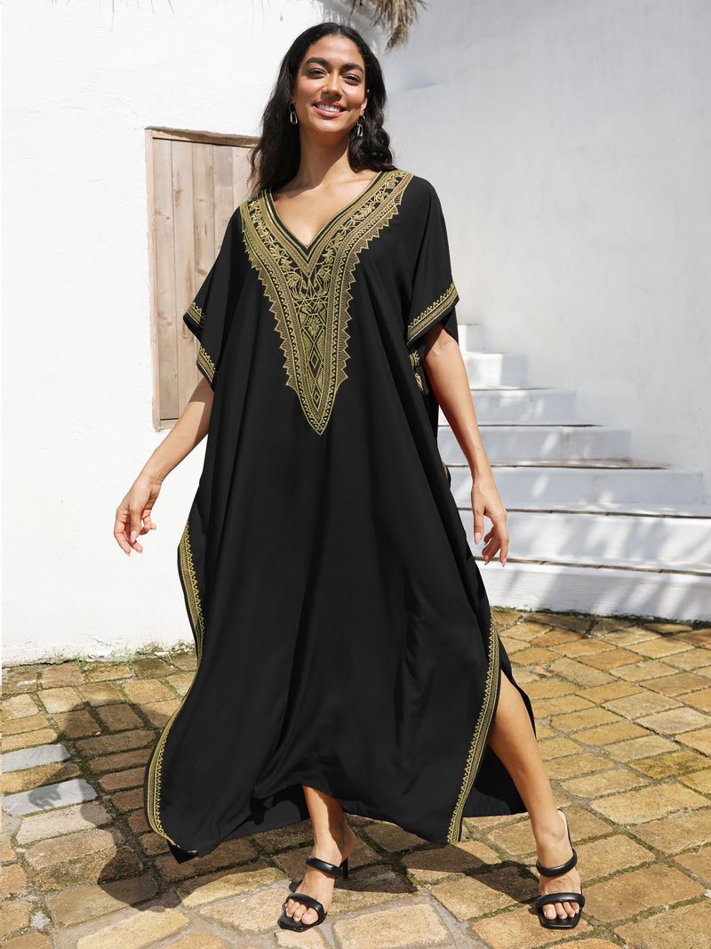 Copricostume da spiaggia da donna, in cotone, con ricami dorati, per le feste_voghion.com