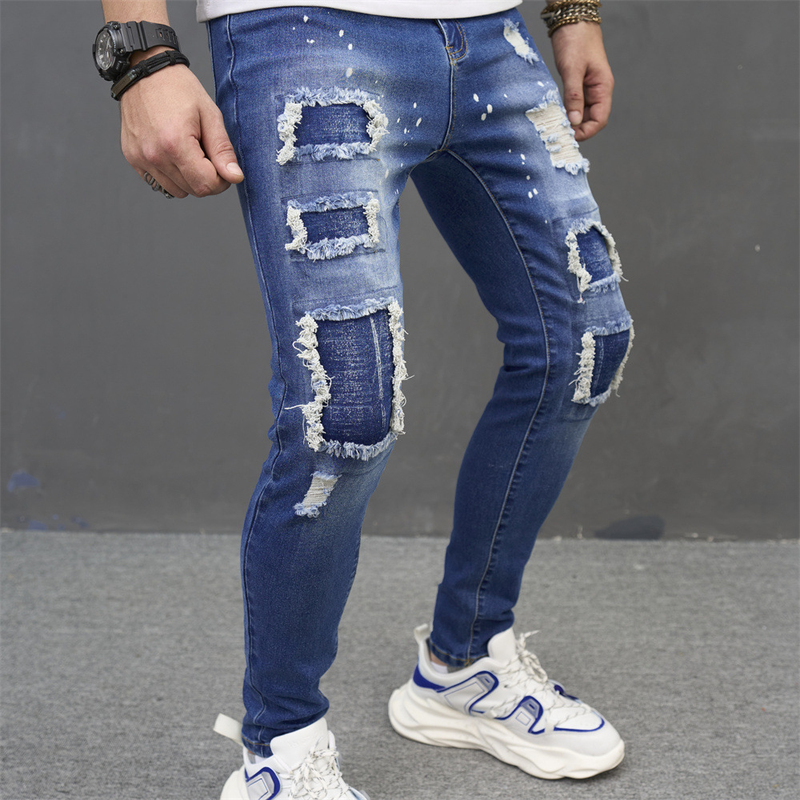 Jeans costurado tecido patch irregular calças plissadas tendência estilo clássico masculino_voghion.com