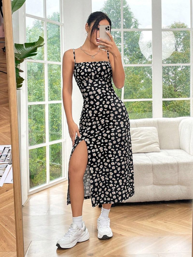 Women's 2025 Spring/Summer Strap Wrapped Chest High Slit Daisy Printed Dress_voghion.com