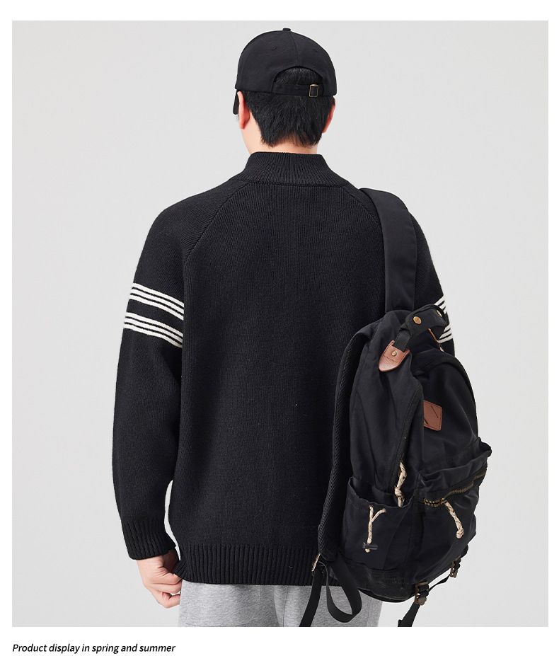 Retro Stand Collar Zip-Up Knit Sweater – Unisex Streetwear Pullover (M-3XL, Relaxed Fit, Vintage Aesthetic)_voghion.com