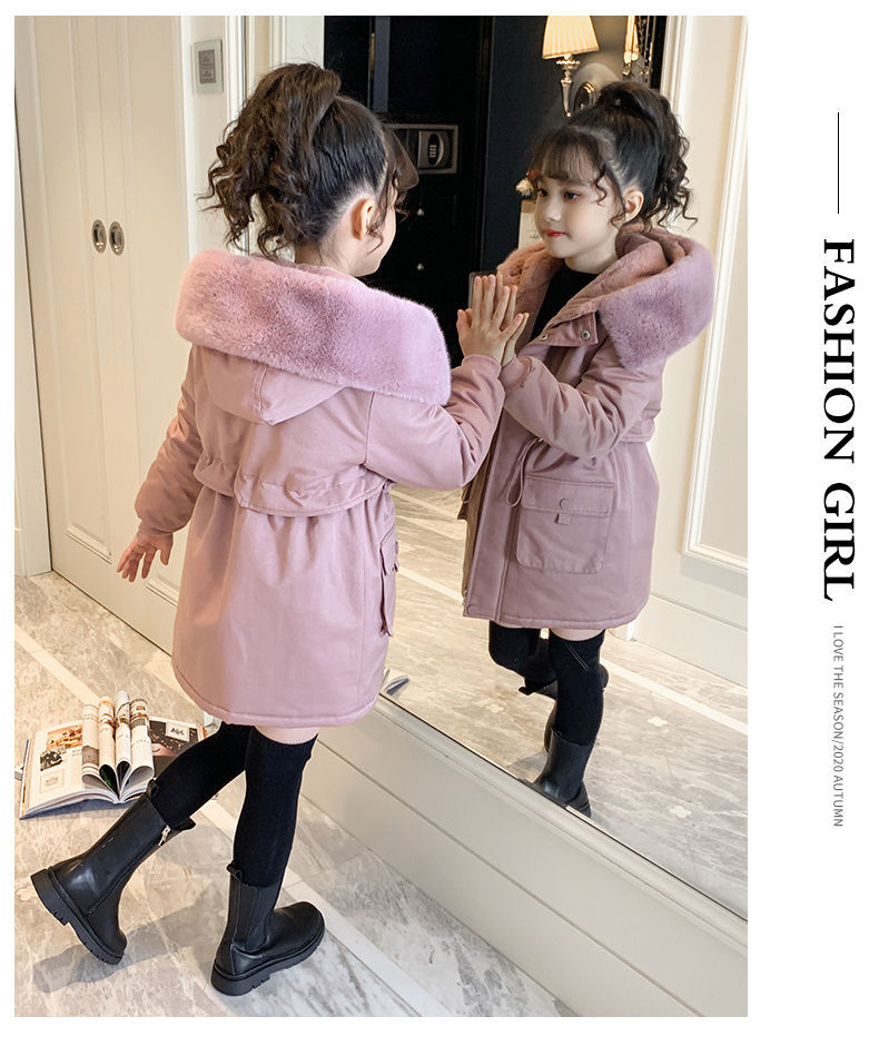 Warm Fleece-gefütterter langer Mantel für Mädchen – Winterparka mit Kapuze und hohem Kragen, weicher Polyesterfüllung, Reißverschluss (Rosa/Grau, 120–160 cm)_voghion.com