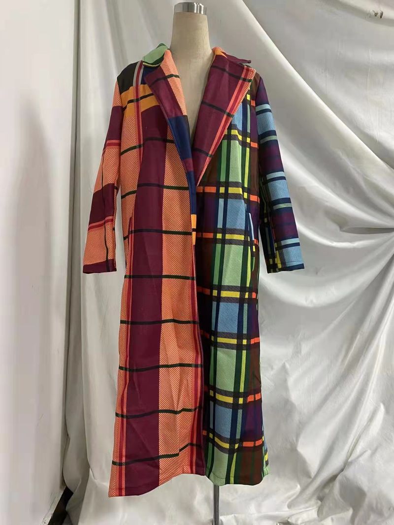 Women's clothing various color matching plaid long sleeved lapel jacket printed dragon and phoenix woolen coat_voghion.com
