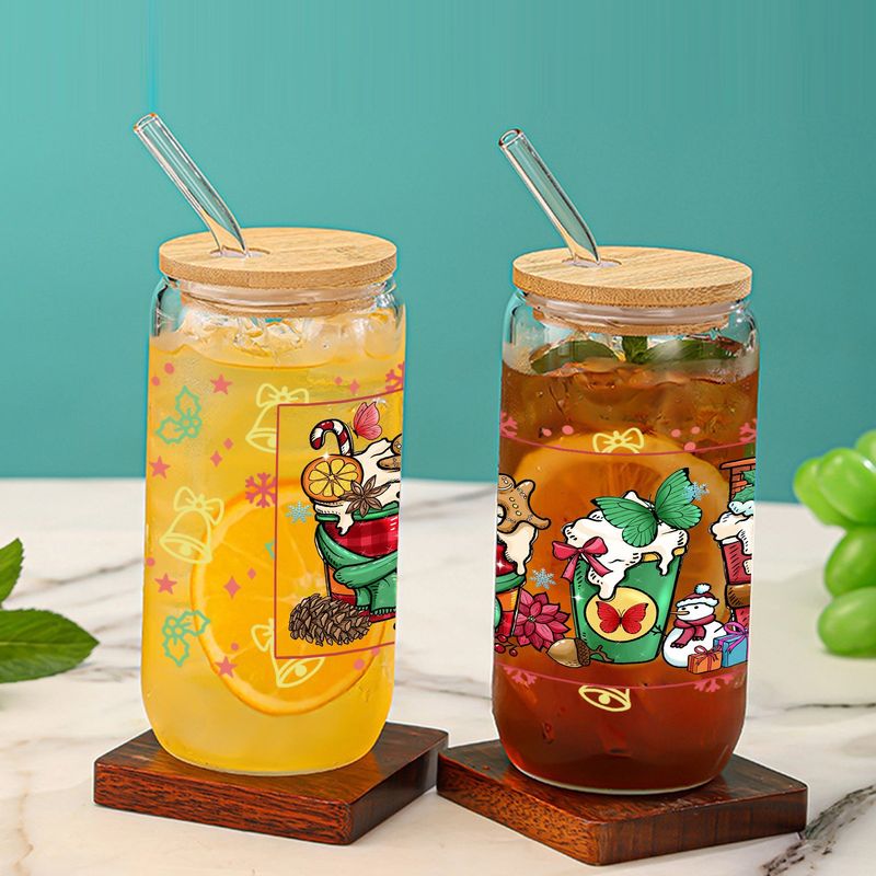 16oz Christmas-Themed Borosilicate Glass Tumbler With Bamboo Lid & Straw – Eco-Friendly, Leak-Proof_voghion.com