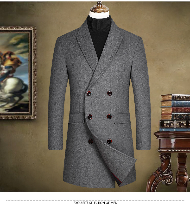 mid-length double-breasted woolen coat men's collar casual slim woolen coat_voghion.com