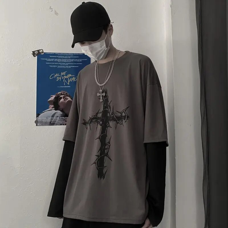 Magliette stile gotico gotico Mall Goth Tops T-shirt oversize a maniche lunghe punk Falso in due pezzi Moda di strada stile coreano338_voghion.com