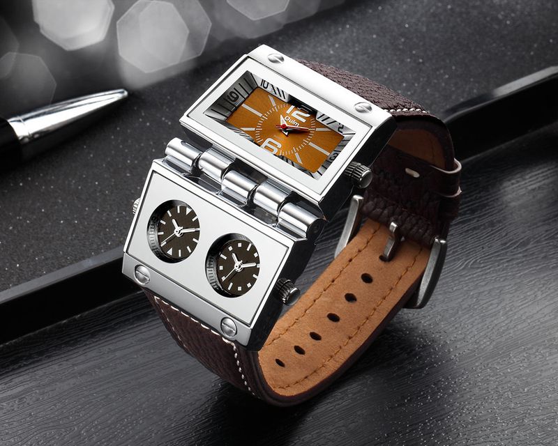 Men's Fashion Watch With Large Rectangle Dial, Multi-Time Zone Function, Quartz Movement, Genuine Leather Strap, Water Resistant To 35M_voghion.com