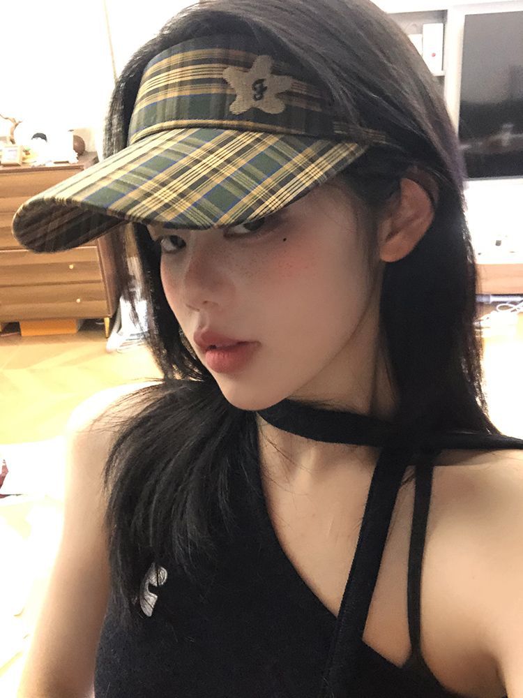 Retro Plaid Sunscreen Empty Top Hat Women's Summer Sunshade UV Protection Face Cap_voghion.com