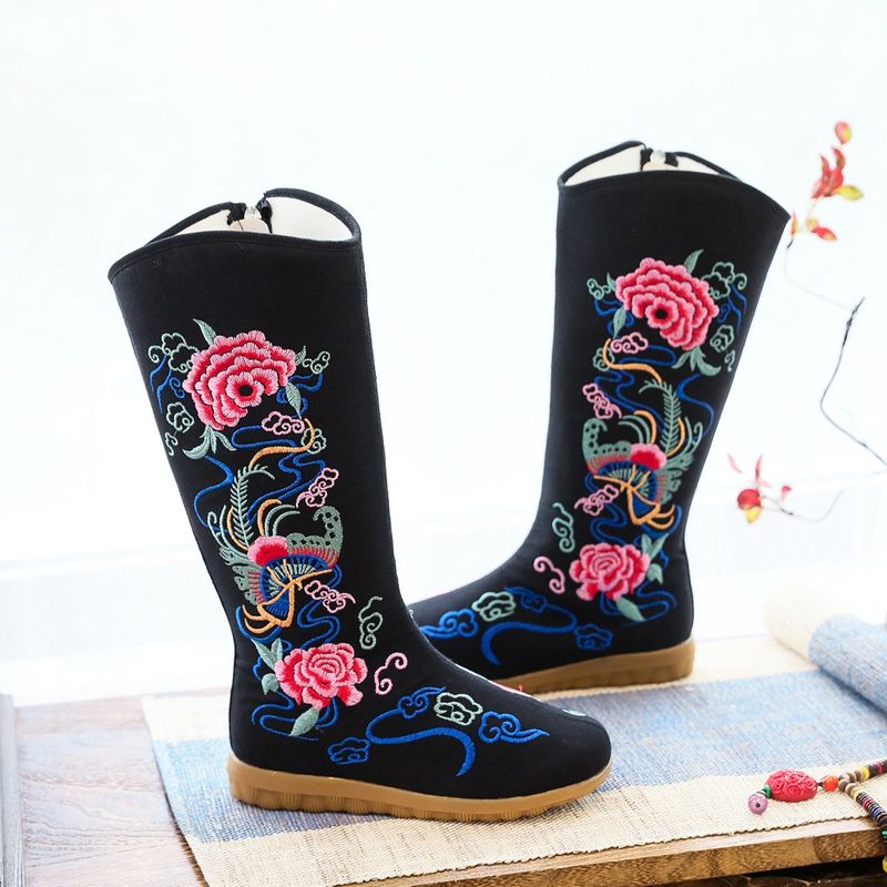 Enkelstövel i bomull, mellanhöga, platta, feta fötter, överdimensionerade tygstövlar, broderade damskor, dragkedja i sidan_voghion.com