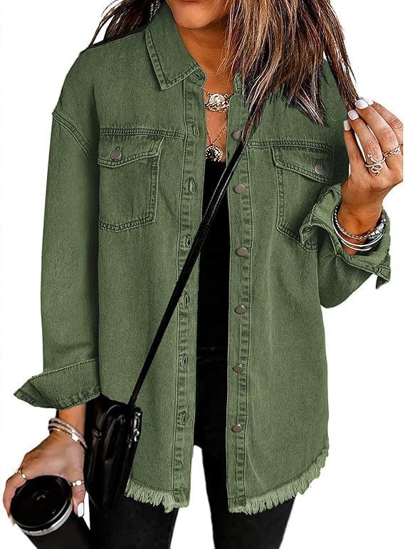 Giacca in denim leggera da donna, camicia abbottonata a maniche lunghe, cappotto casual ampio con tasche_voghion.com