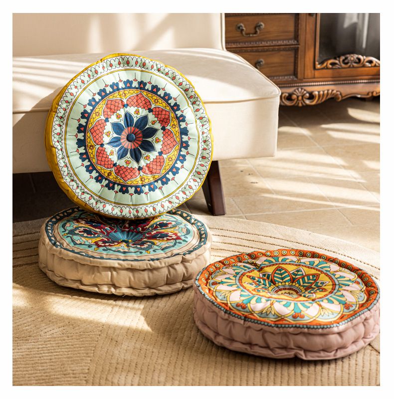 Cuscino da pavimento bohémien con motivi geometrici e floreali – Cuscino rotondo spesso 8 cm imbottito in cotone PP per soggiorno, camera da letto e studio_voghion.com