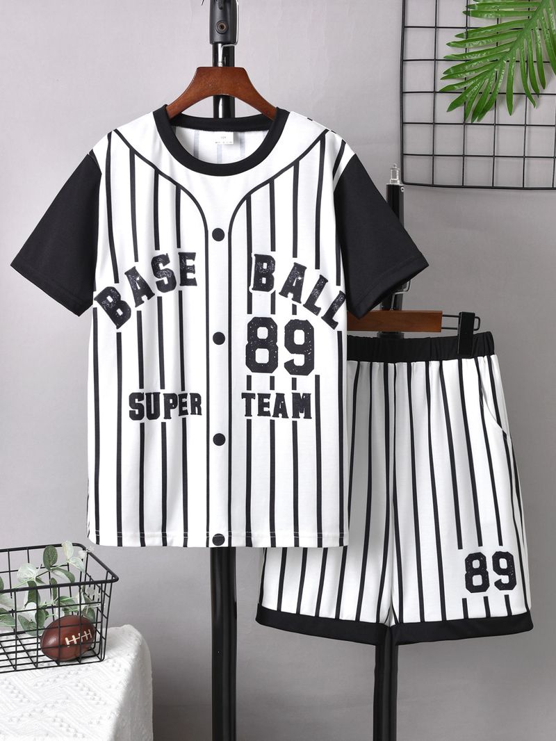 Børnetøj 2024 Forår og sommer Engelsk bogstavstribet print Kortærmet T-shirt og shorts Todelt sæt_voghion.com