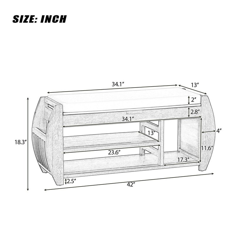 Retro Multifunctional Storage Bench With Cushion And Curved Side Panel For Entrance And Living Room_voghion.com