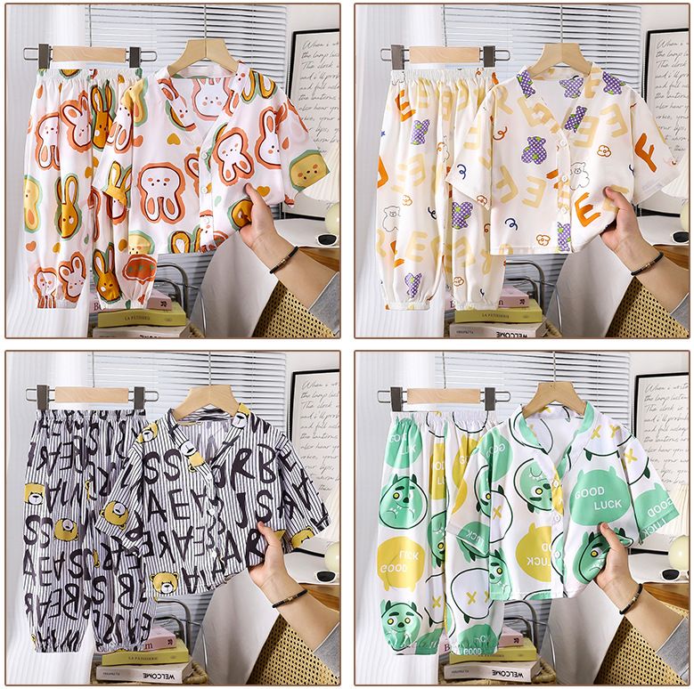 Conjuntos de ropa de hogar para niños de algodón y seda, pijamas de verano para niños y niñas, conjuntos de rayón de dos piezas, ropa de algodón y seda con aire acondicionado para niños._voghion.com