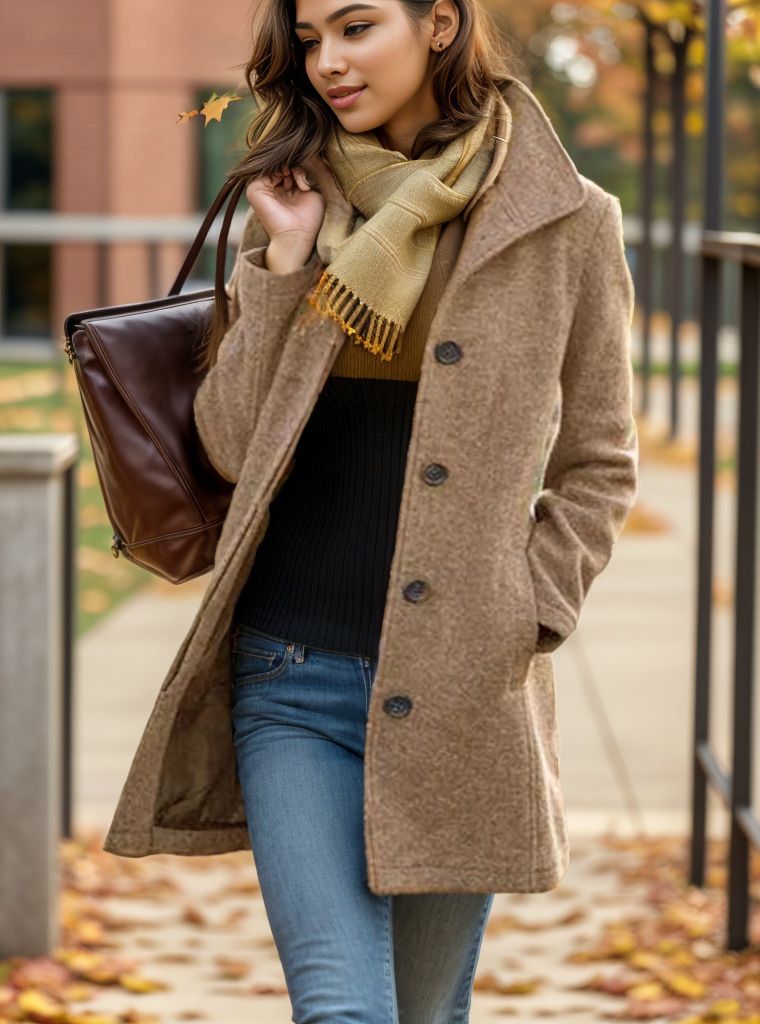 Women’s Wool Blend Trench Coat – Slim Fit Long Coat With Half-High Collar, Solid Color, Vintage Style, Polyester Outerwear_voghion.com