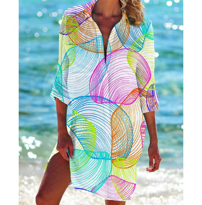 2022 New Bikini Jacket Swimsuit Cardigan Women's Printed Vacation Beach Shirt_voghion.com