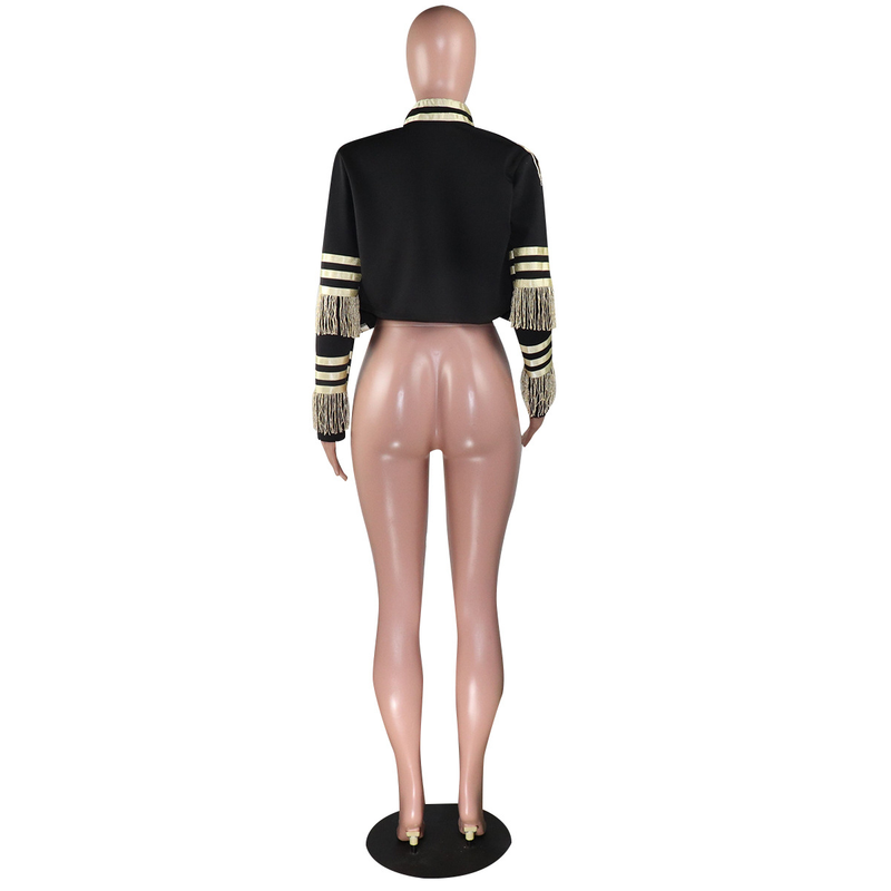 GBYXTY Vintage Fringe Patched Button Stripe Jacke Streetwear Frauen Frühling Herbst Langarm Stehkragen Cropped Mantel_voghion.com