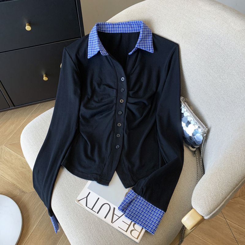 Maglietta a maniche lunghe con colletto polo da donna, nuova primavera, versatile, a quadri con pieghe e colori a contrasto_voghion.com