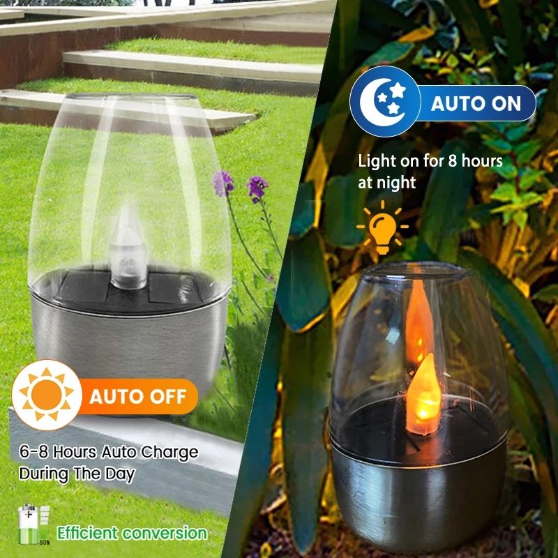 Luci solari per esterni Lampada solare a candela LED in acciaio inossidabile Luce notturna per prato e cortile alimentata a energia solare_voghion.com