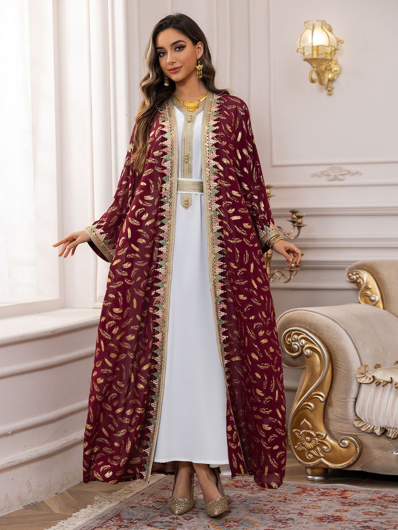 Elegant Embroidered Abaya Set With Belt - Premium Chiffon Long Dress & Open Front Cover - Plus Size Dubai Islamic Women's Clothing Available_voghion.com