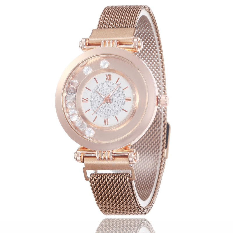 Cost performance full diamond ball quicksand women's mesh quartz ultra-thin Roman digital magnet watch_voghion.com