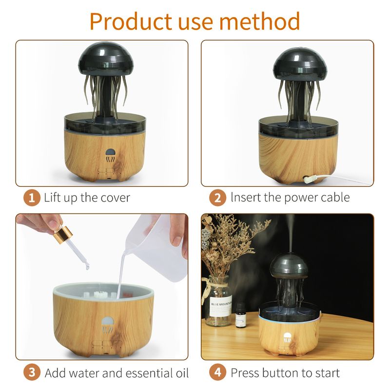 Ultrasonic Humidifier With Jellyfish Rotation, Colorful LED Lights, And Aroma Diffuser – Wood Grain & Classic Colors For Home Relaxation_voghion.com