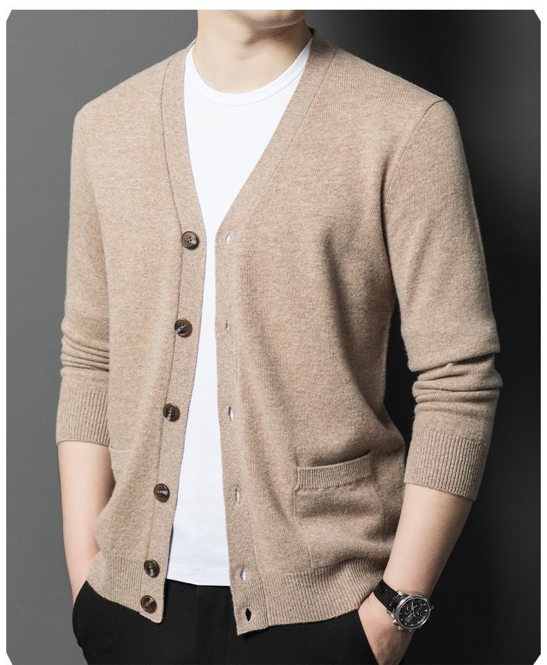 Herbst-Winter-Pullover aus reiner Wolle mit V-Ausschnitt und einfarbigem Farbverlauf für Männer mittleren und älteren Alters, vielseitiger Strickpullover_voghion.com