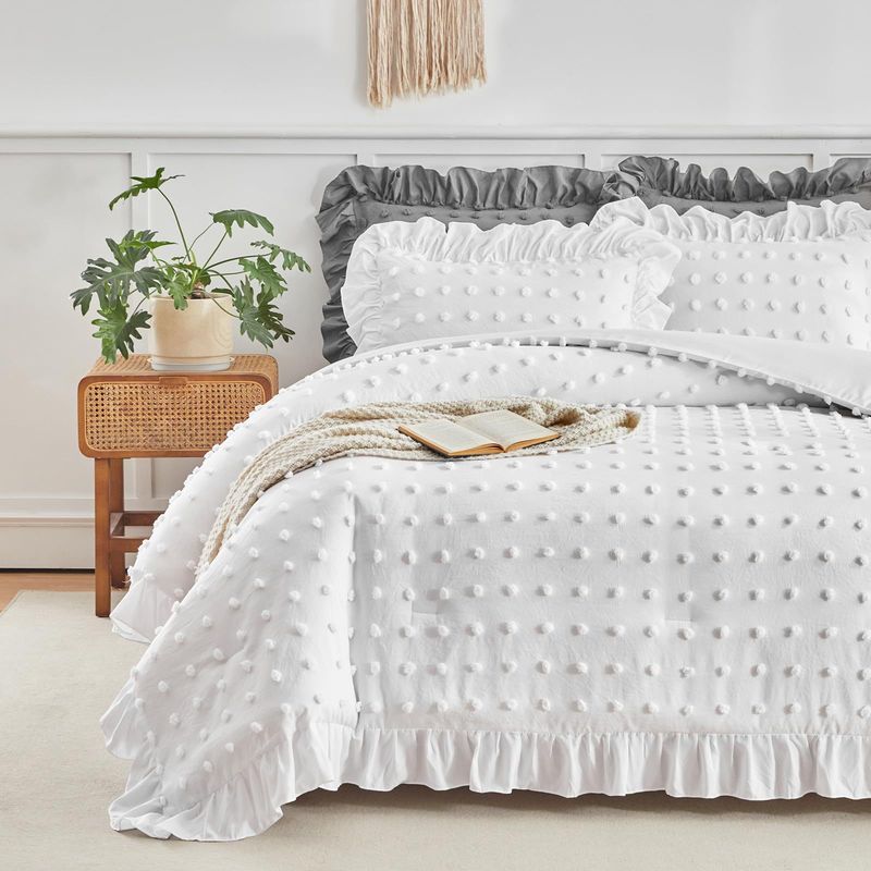 Set copripiumino matrimoniale traspirante con volant e ricami a pois bianchi, set di biancheria da letto per tutte le stagioni, 3 pezzi, in alternativa al piumino._voghion.com
