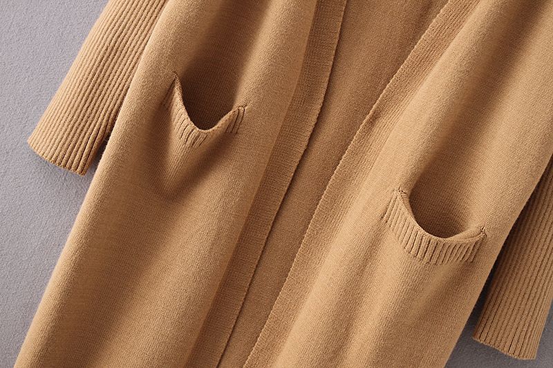 Damenbekleidung Herbst- und Winter-Strickpullover mit Doppeltaschen, mittellanger und langer Strickjackenpullover für Damen_voghion.com