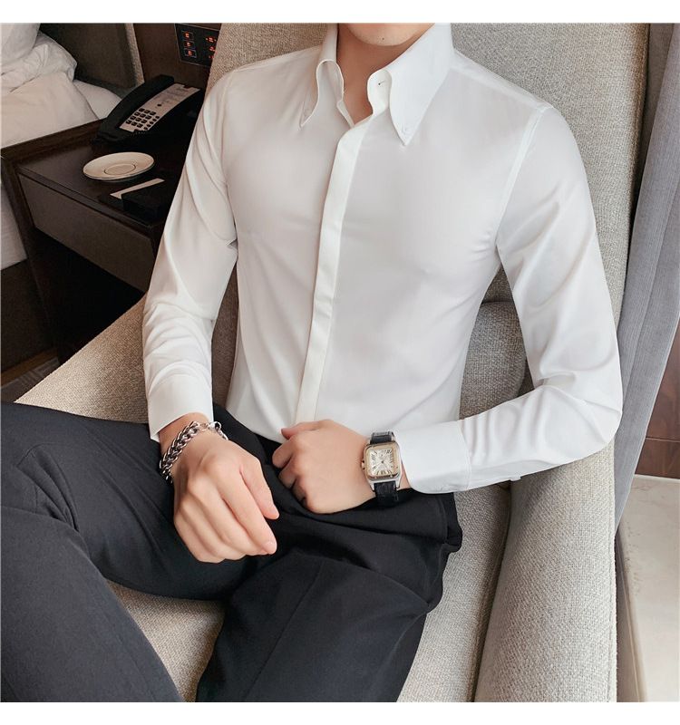 Camicia da uomo slim fit con colletto alla francese, antipiega, in misto cotone, casual, formale, a maniche lunghe, con abbottonatura nascosta - Bianco e nero_voghion.com