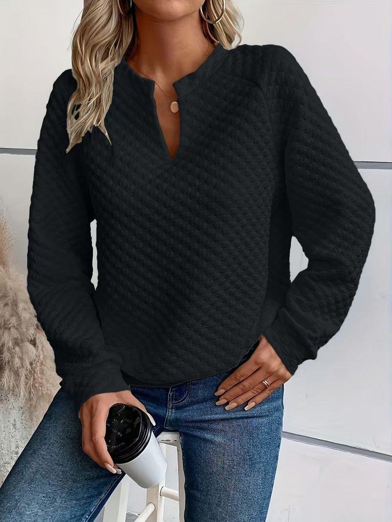 2025 Herbst Neue Feste Farbe Tiefem V-ausschnitt Patchwork Langarm frauen Casual Sweatshirt_voghion.com