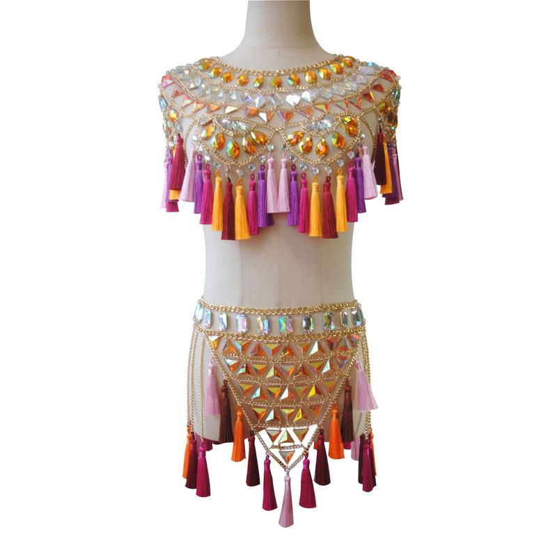 Set di reggiseno con frange bohémien e catena per la vita fatti a mano, gioielli per il corpo da festival in spiaggia per donne, accessori unici per bikini all'uncinetto_voghion.com
