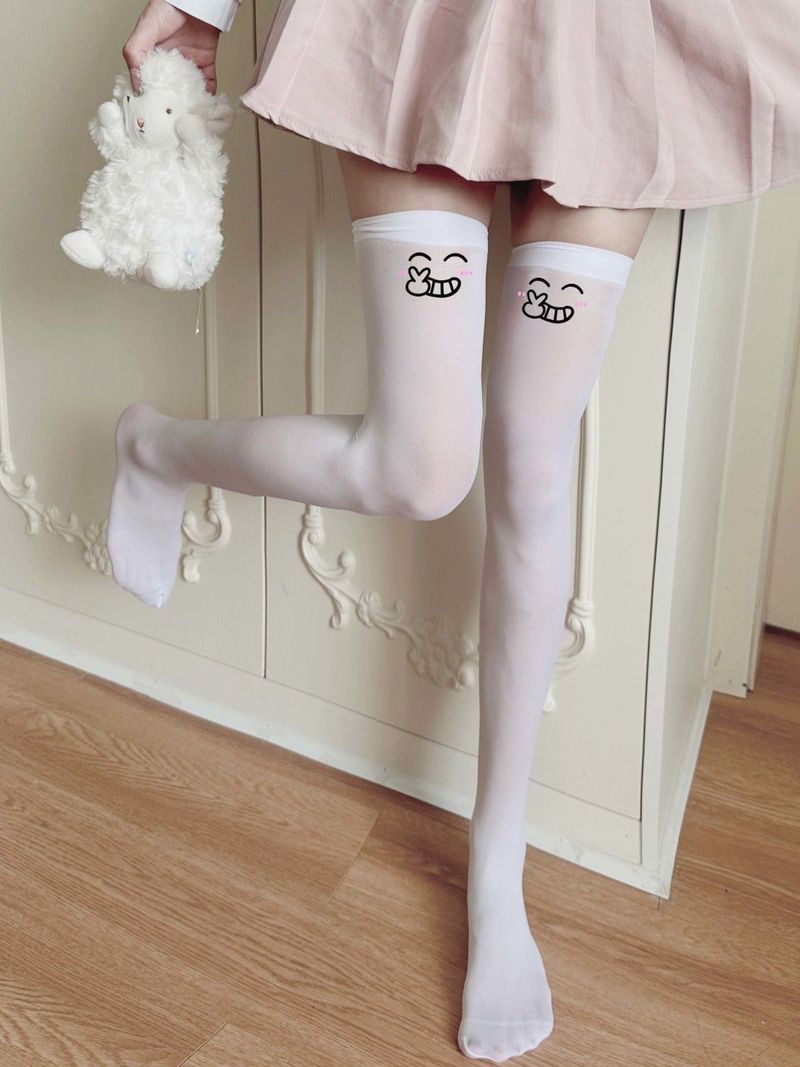 Sommersocken für Damen, weißer Aufdruck, dünne Subkultur, Overknee-Socken mit süßem Mädchenausdruck, lange Schlauchstrümpfe_voghion.com