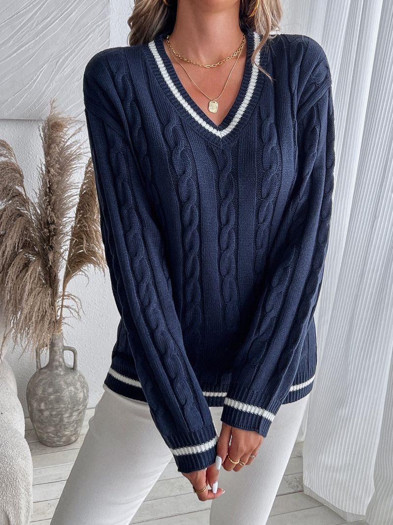 Pull oversize en maille torsadée à col en V – Pull texturé en mélange de rayonne pour femme (S-XL, bleu classique)_voghion.com