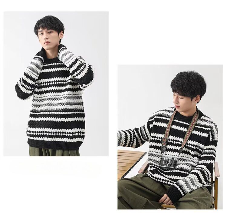 Men’s Slim-Fit Striped Sweater | Retro Style Ribbed Knit Pullover | Modale & Rabbit Wool Blend (Casual Winter Wear)_voghion.com