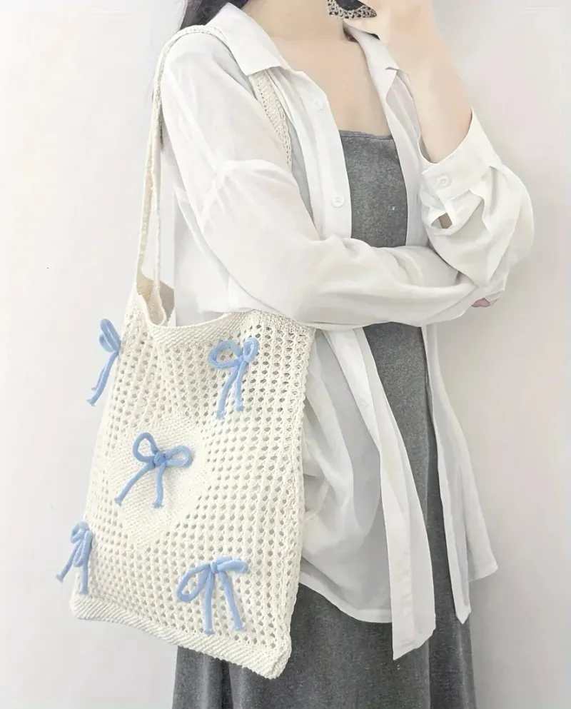 Preppy Style Crochet Tote With Butterfly Accents Solid Color Polyester Shoulder Foldable Fashion Beach Bag 250402_voghion.com