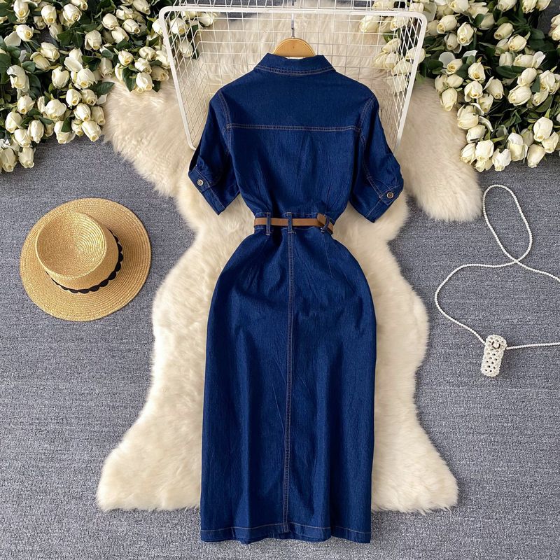 Dameskleding Licht Luxe Celebrity Stijl High End Polo Kraag Denim Jurk Voor Vrouwen Zomer Split Taille Riem Ontwerp Niche Temperament Lange Rok_voghion.com