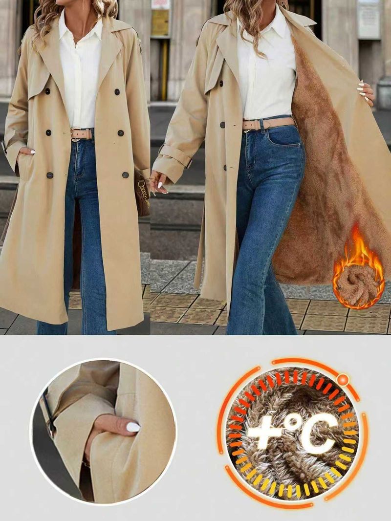 Trench lungo da donna con cintura - foderato in pile, doppiopetto, elegante e comodo per autunno inverno (XS-XXL)_voghion.com