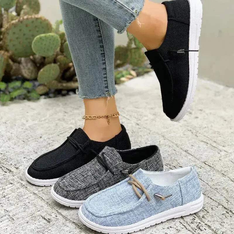 Fashion Breathable Denim Lace Up Canvas Shoe Women 2025 Autumn Round Toe Low Heel Sneakers Soft Sole Non Slip Vulcanized_voghion.com