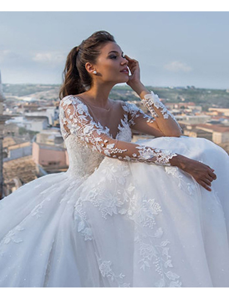 Vestido de novia para mujer, vestido de novia nuevo con escote en V y cola grande, vestido de novia retro sexy de tul con mangas largas_voghion.com