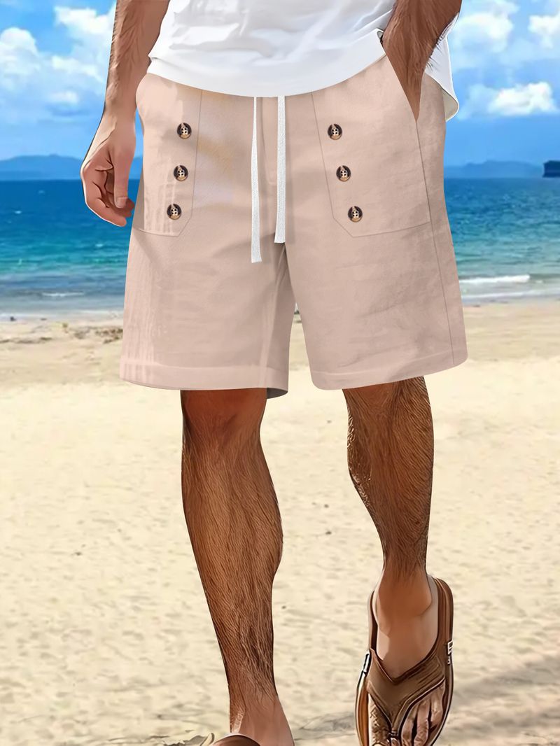 Pantaloncini estivi da uomo in cotone e lino, casual americani, larghi e dritti, con bottoni_voghion.com