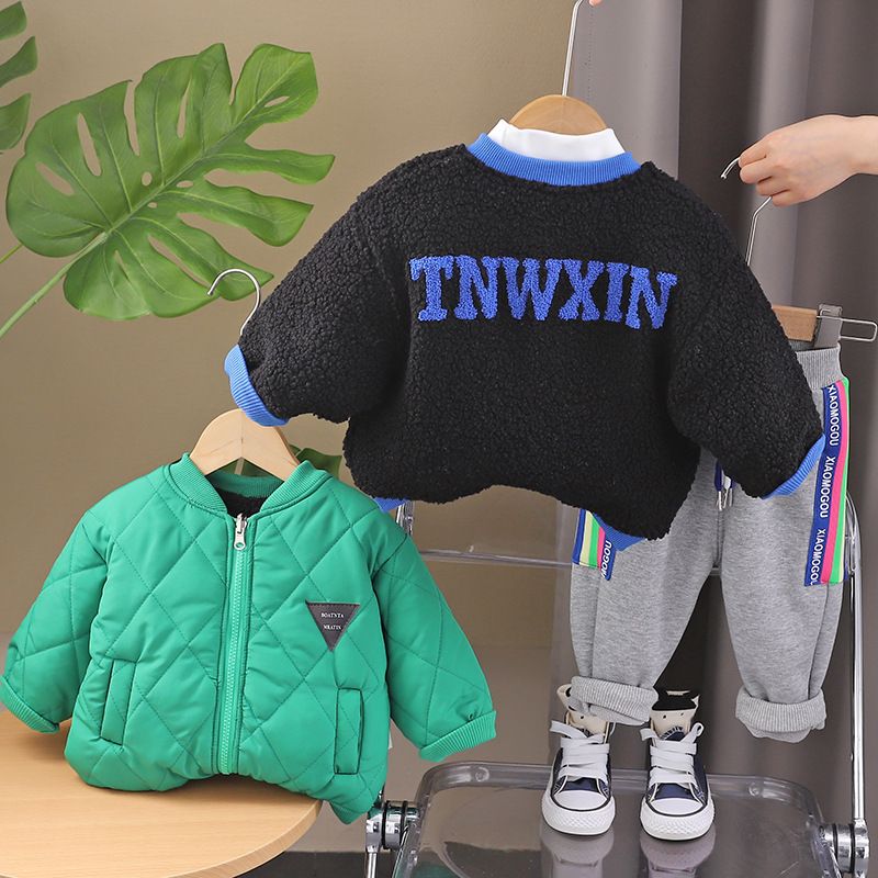 Bērnu zēnu rudens apģērbs, rietumu stila plīša biezs divpusējs virsdrēbes, trīsdaļīgs komplekts mazuļiem, ziemai_voghion.com