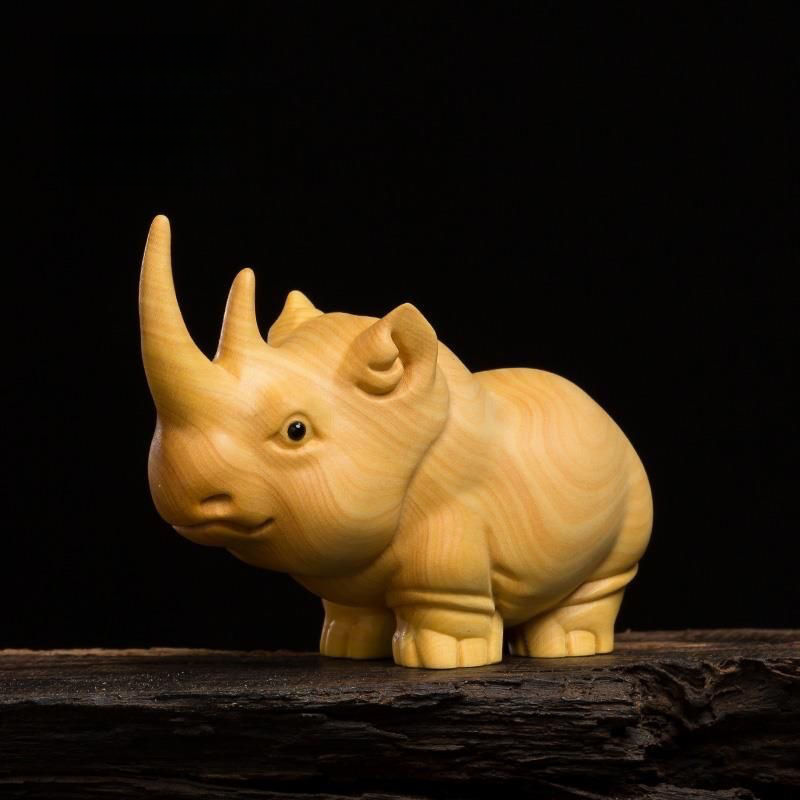 Boxwood Three Treasures Rhino Hippo Elephant Handheld Piece Handmade Carving Home Desk Ornament_voghion.com